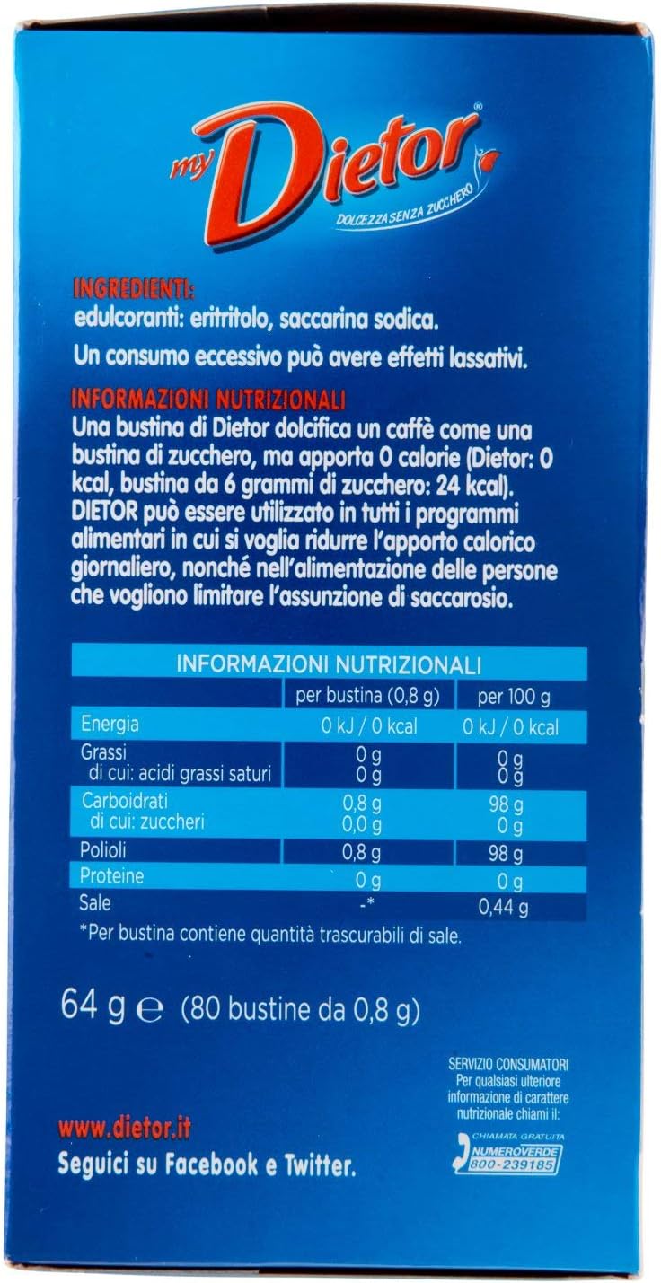 Dietor - MyDietor Dolcificante Naturale 0 kcal, Senza Glutine, Senza Aspartame - Box da 80 Bustine