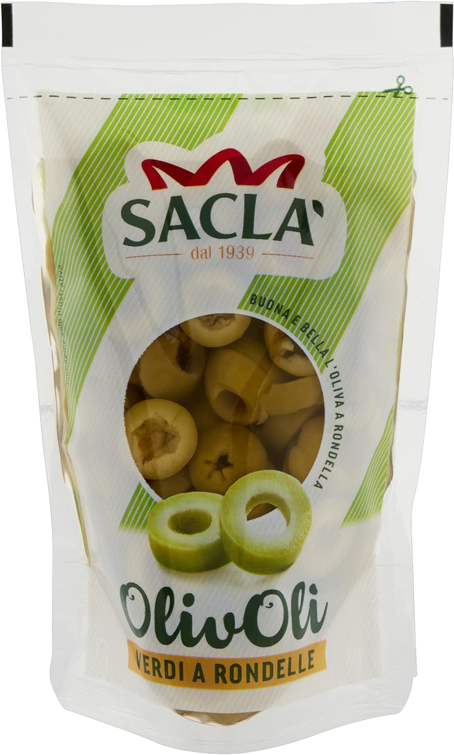 Saclà, OlivOlì, Olive Verdi a Rondelle, Ideali per Insalate e per Arricchire i Tuoi Piatti, Busta, 185g (85g sgocciolato)