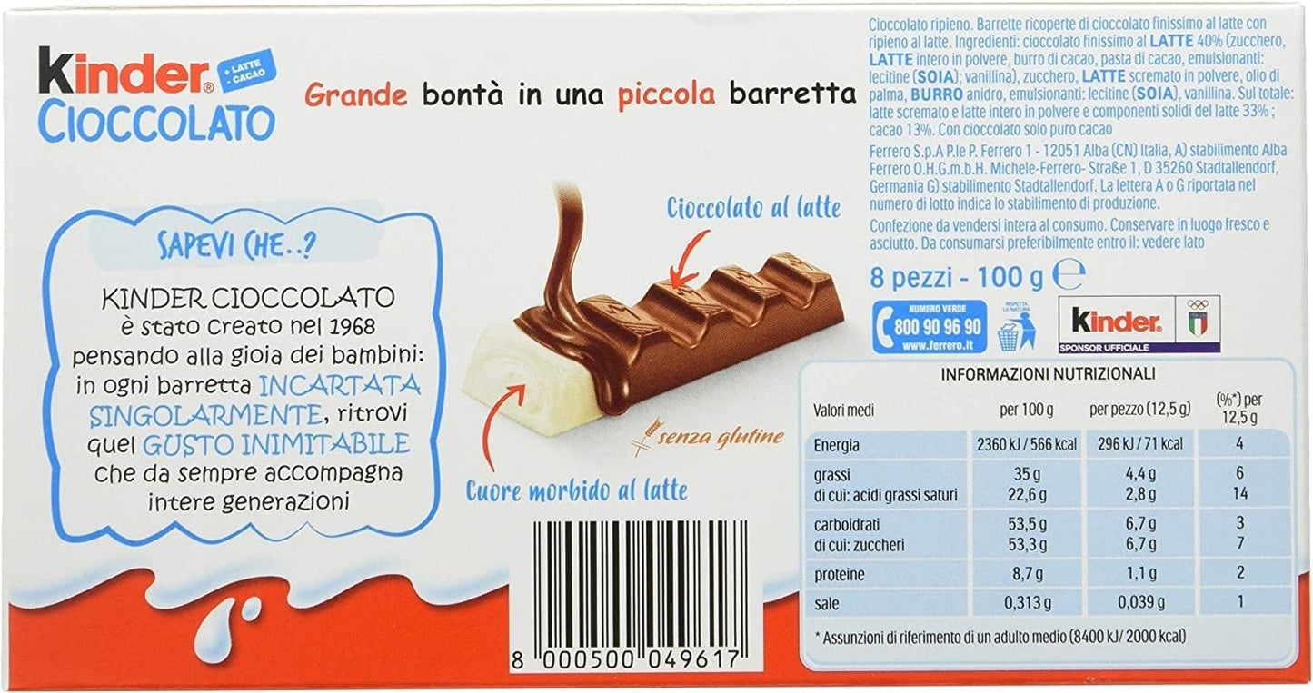 Ferrero, Kinder Chocolate Barrette di Cioccolato al Latte 100 g - Scatola con 10 confezioni da 8 barrette