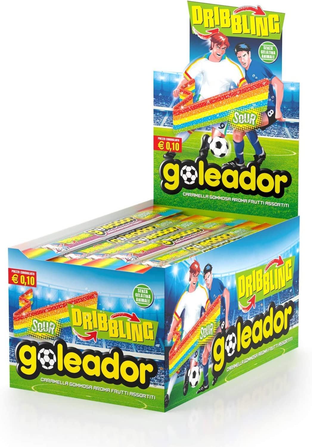Goleador Dribbling Rainbow, Caramelle Gommose Frizzanti Gusto Frutti Assortiti, Senza Gelatina Animale, Ottimo per Feste per Bambini, Box da 144 Pezzi Incartati Singolarmente
