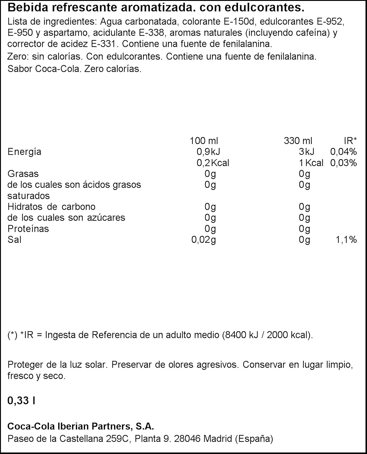 Refresco de Cola Coca Cola Zero lata pack 12x33 cl