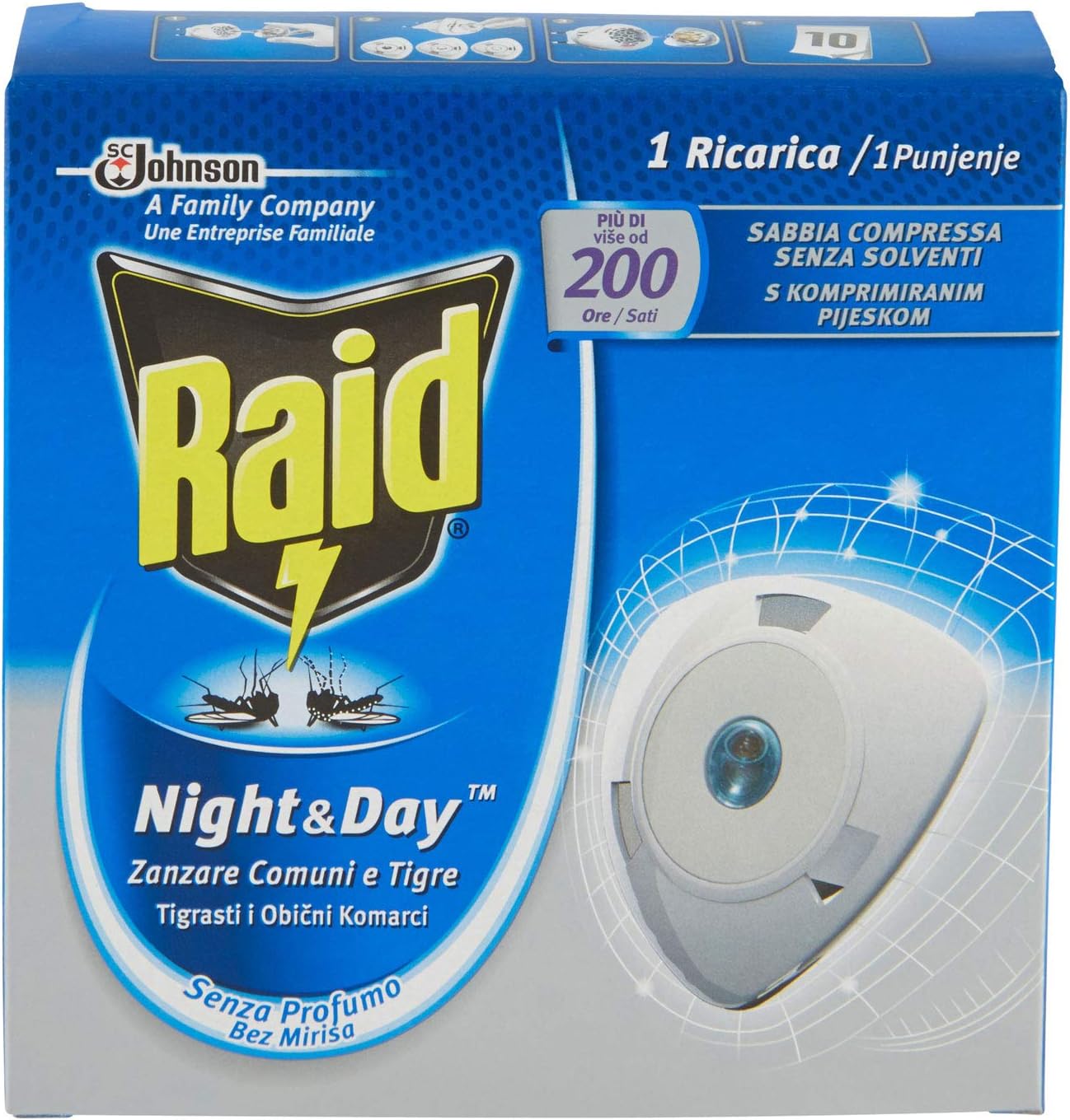 Raid Night & Day Ricarica, Antizanzare e Antimosche, Inodore a Sabbia Compressa, 1 Confezione da 1 Ricarica