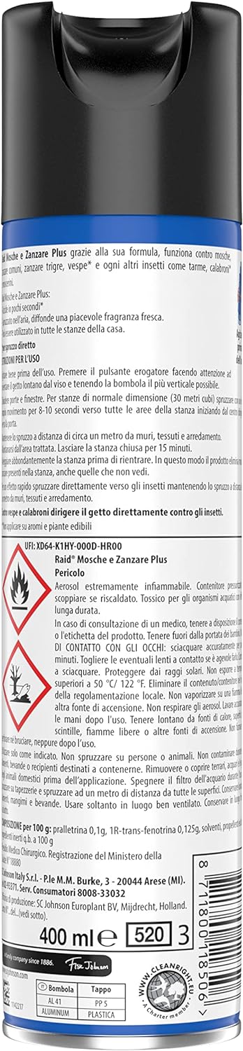 Raid Mosche e Zanzare Spray Insetticida, Antizanzare e Antimosche, Azione Rapida, 1 Confezione da 400 ml