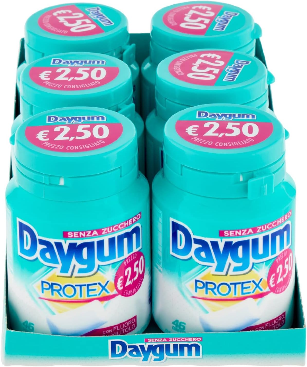 Daygum Protex Chewing Gum Senza Zucchero, Gusto Menta, Confezione da 6 Mini Barattoli, 46 Gomme da Masticare Ciascuno