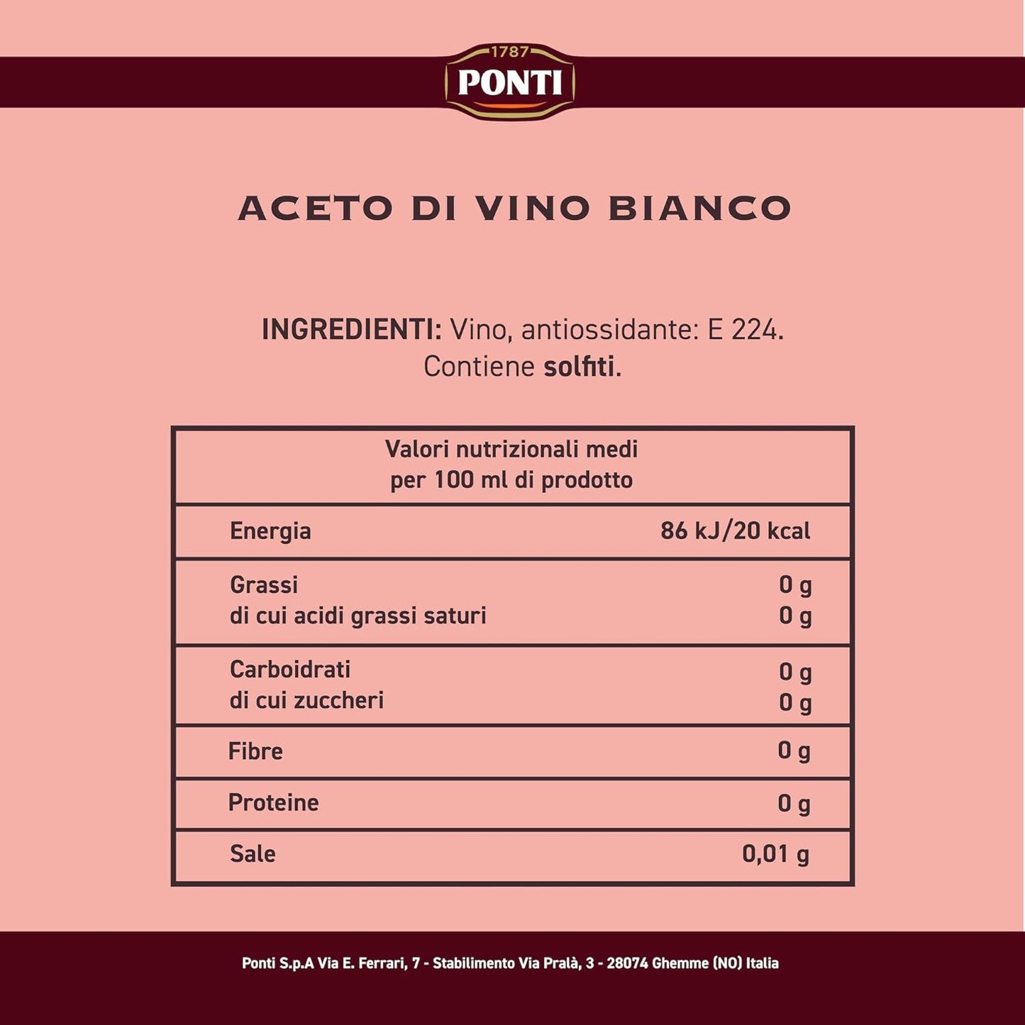 Ponti, Aceto di Vino Classico Bianco, Realizzato con Vini Selezionati, Ideale per Accompagnare Verdure Crude e Cotte, Acidità 6%, 100% Made in Italy, PET da 1L