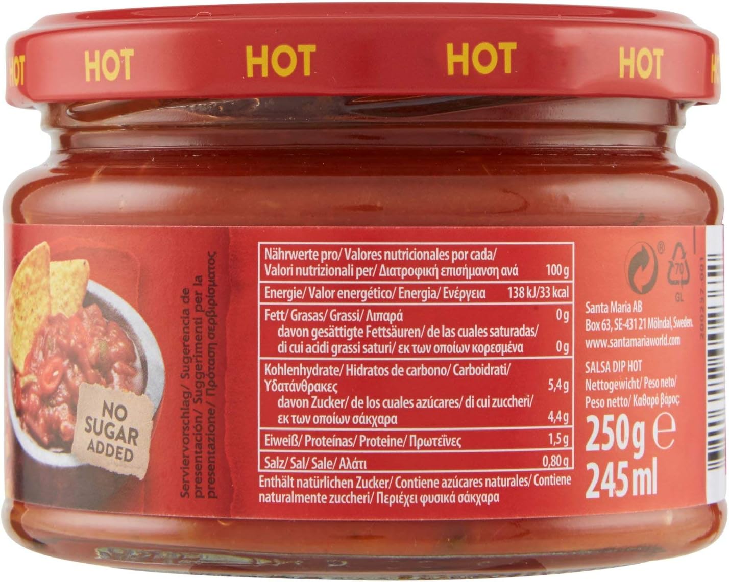 Santa Maria Dip Salsa, Salsa Piccante Al Pomodoro, Con Aglio E Jalapenos, Ideale Come Accompagnamento Alle Tortilla Chips, Per Condire Verdure Fresche O Bruschette, Gusto Corposo E Deciso, 250 g