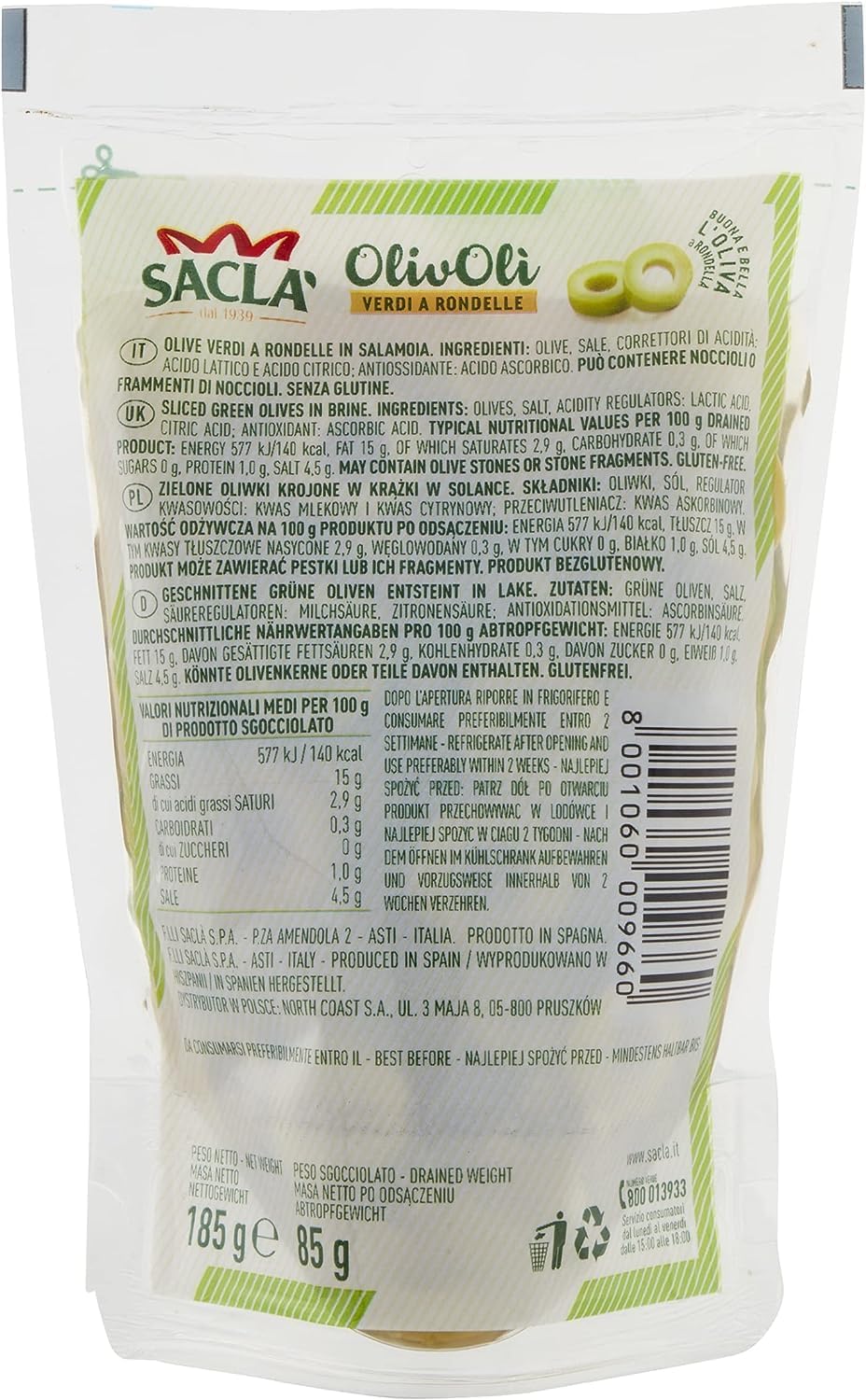 Saclà, OlivOlì, Olive Verdi a Rondelle, Ideali per Insalate e per Arricchire i Tuoi Piatti, Busta, 185g (85g sgocciolato), Confezione da 24 pezzi