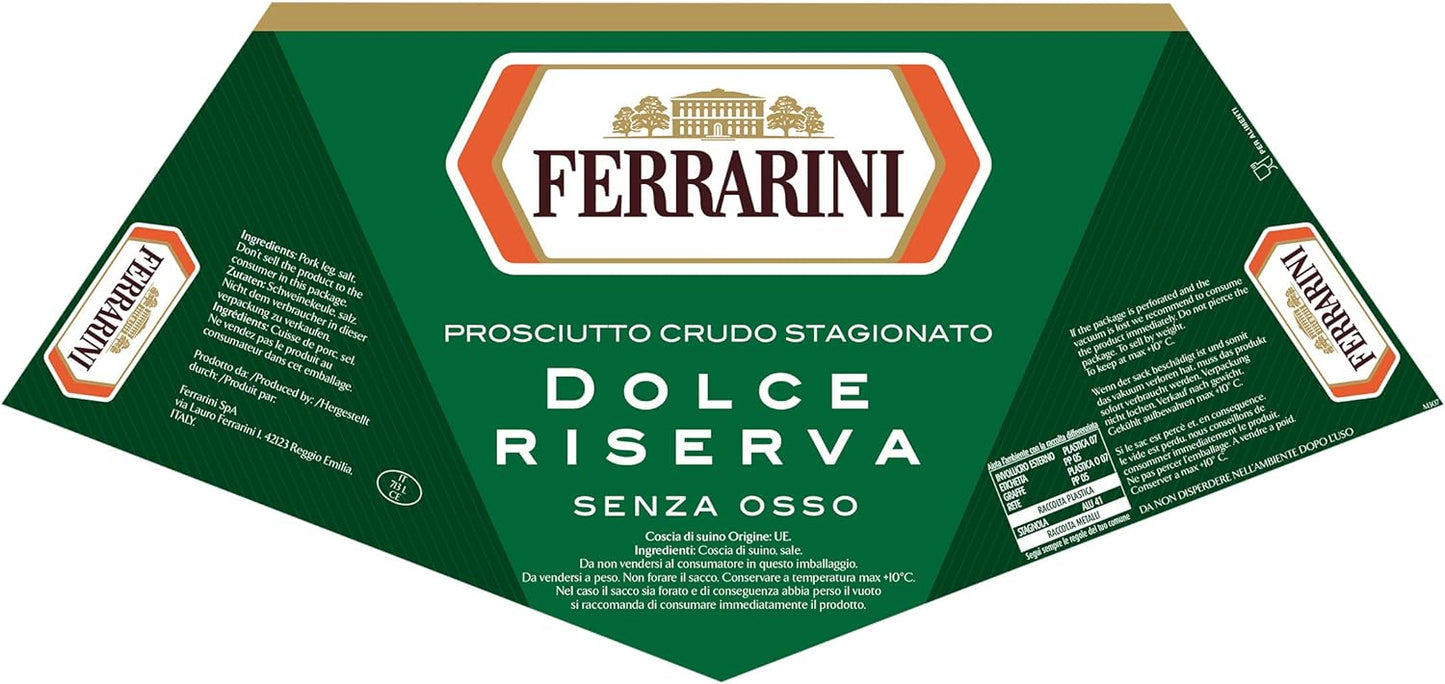 Ferrarini Prosciutto Crudo Stagionato Dolce Riserva Senza Osso, Crudo Stagionatura Min. 10 Mesi Pulito a Coltello, Forma Piatta, Peso Variabile, Per Gastronomie/Ristorazione, Pezzatura Tra 5,5 e 6,2Kg