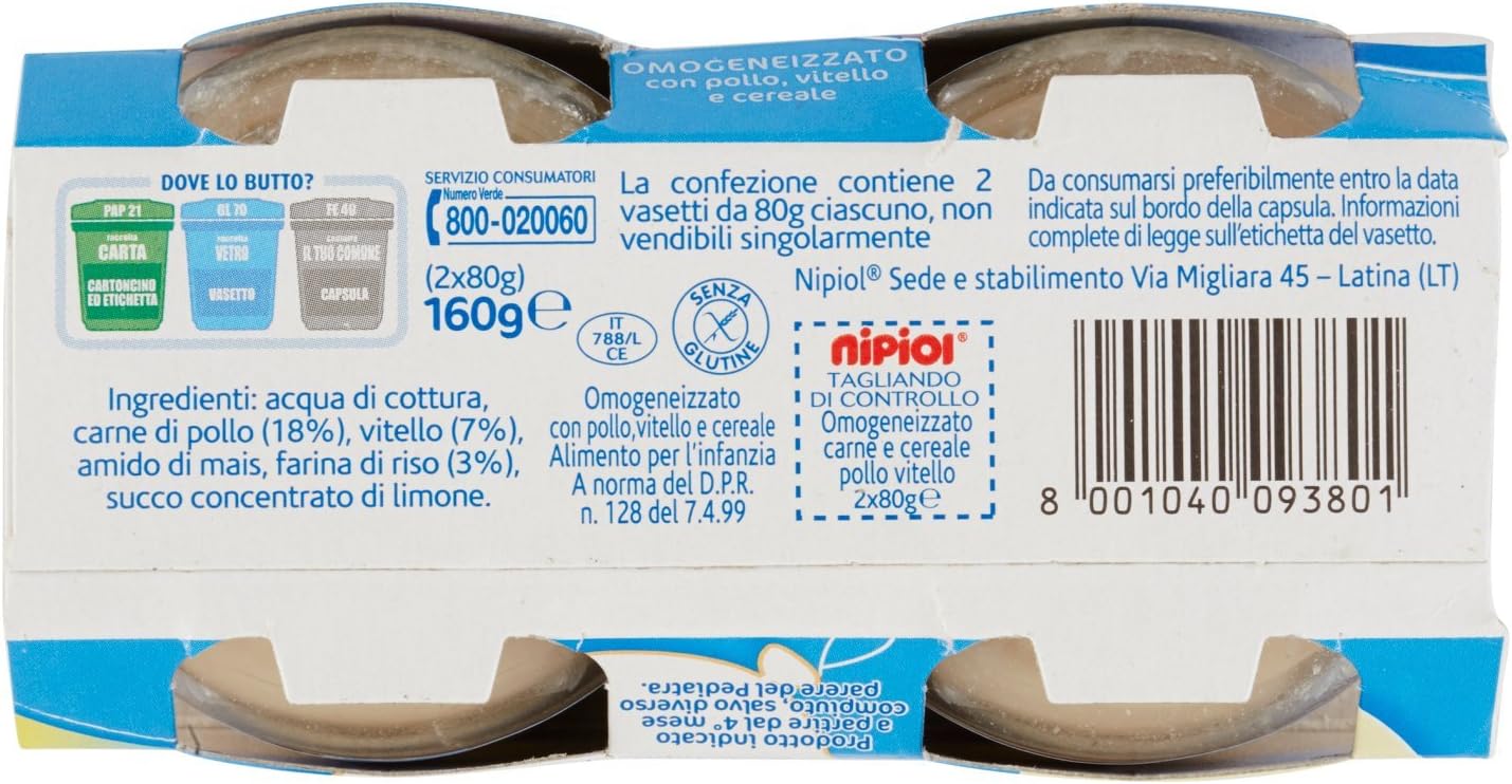 Nipiol Omogeneizzato Pollo Vitello 2 x 80 g, 100% Carne Selezionata