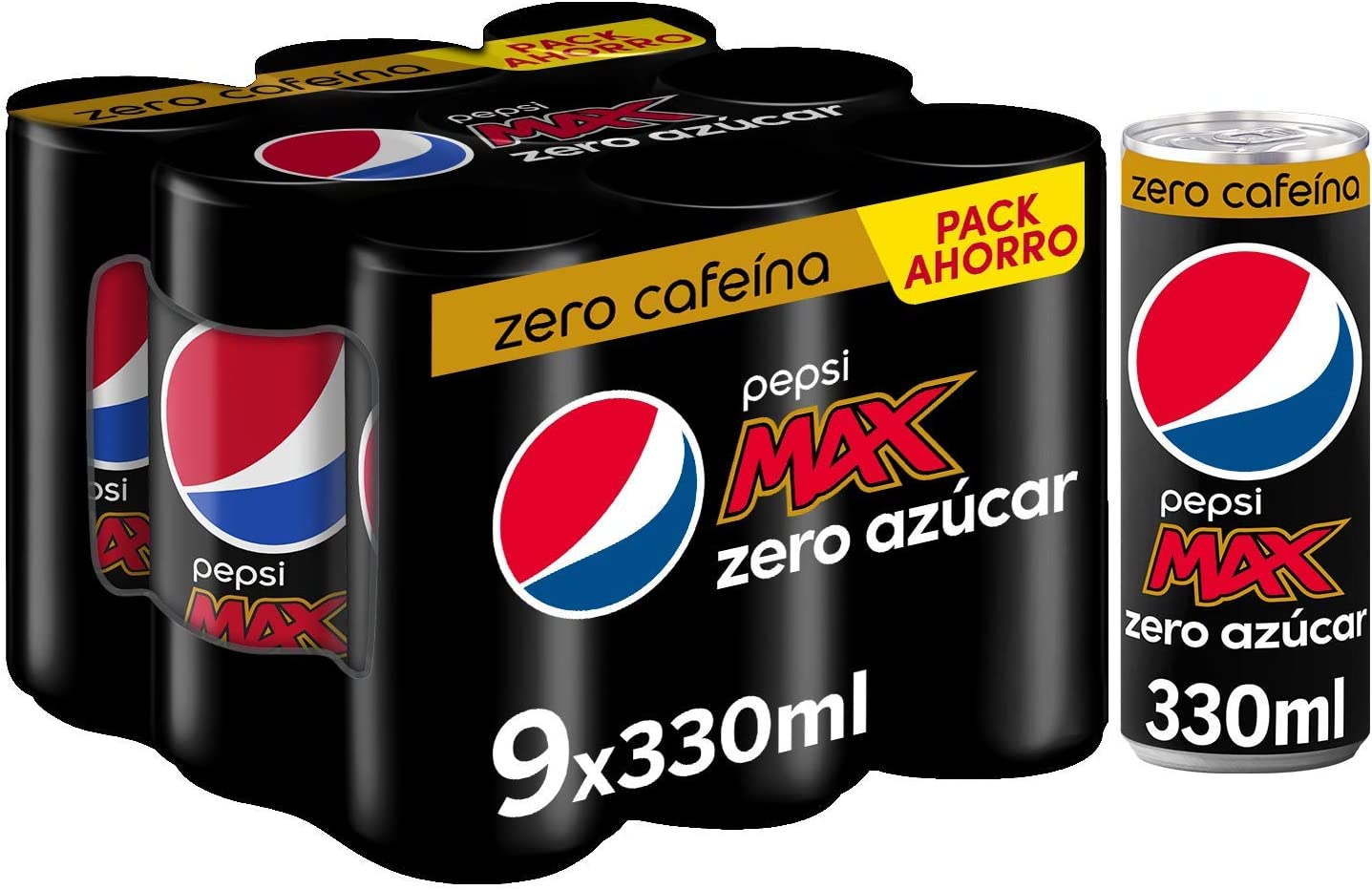 Pepsi Max Zero Caffeina 330 ml - Rinfresco di Coda con Zero Zucchero, confezione da 9