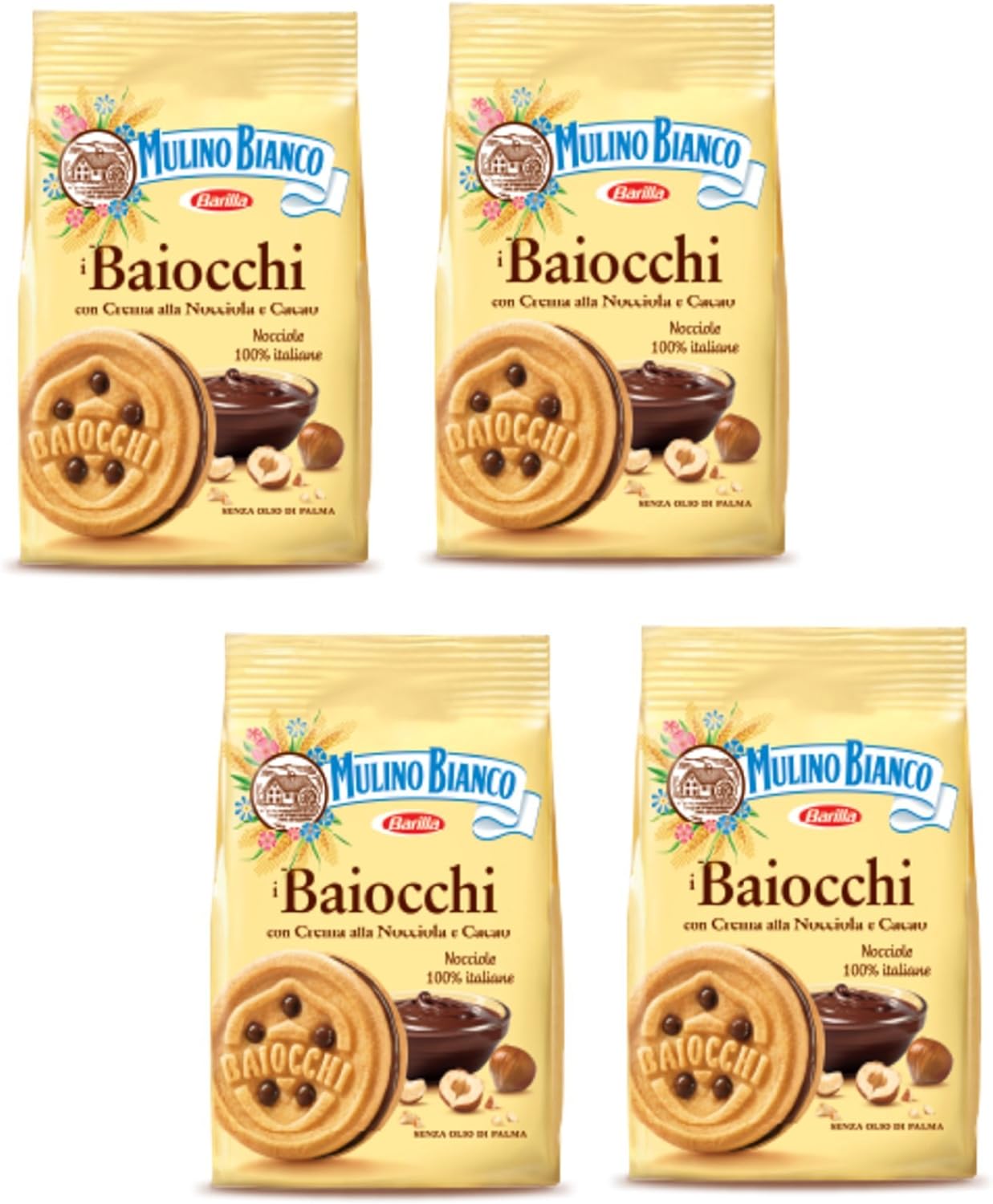 Mulino Bianco: Biscotti "i Baiocchi" con crema di nocciola e cacao - 260 g - Confezione da 4 [ Italian Import ]