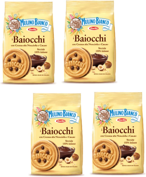 Mulino Bianco: Biscotti "i Baiocchi" con crema di nocciola e cacao - 260 g - Confezione da 4 [ Italian Import ]