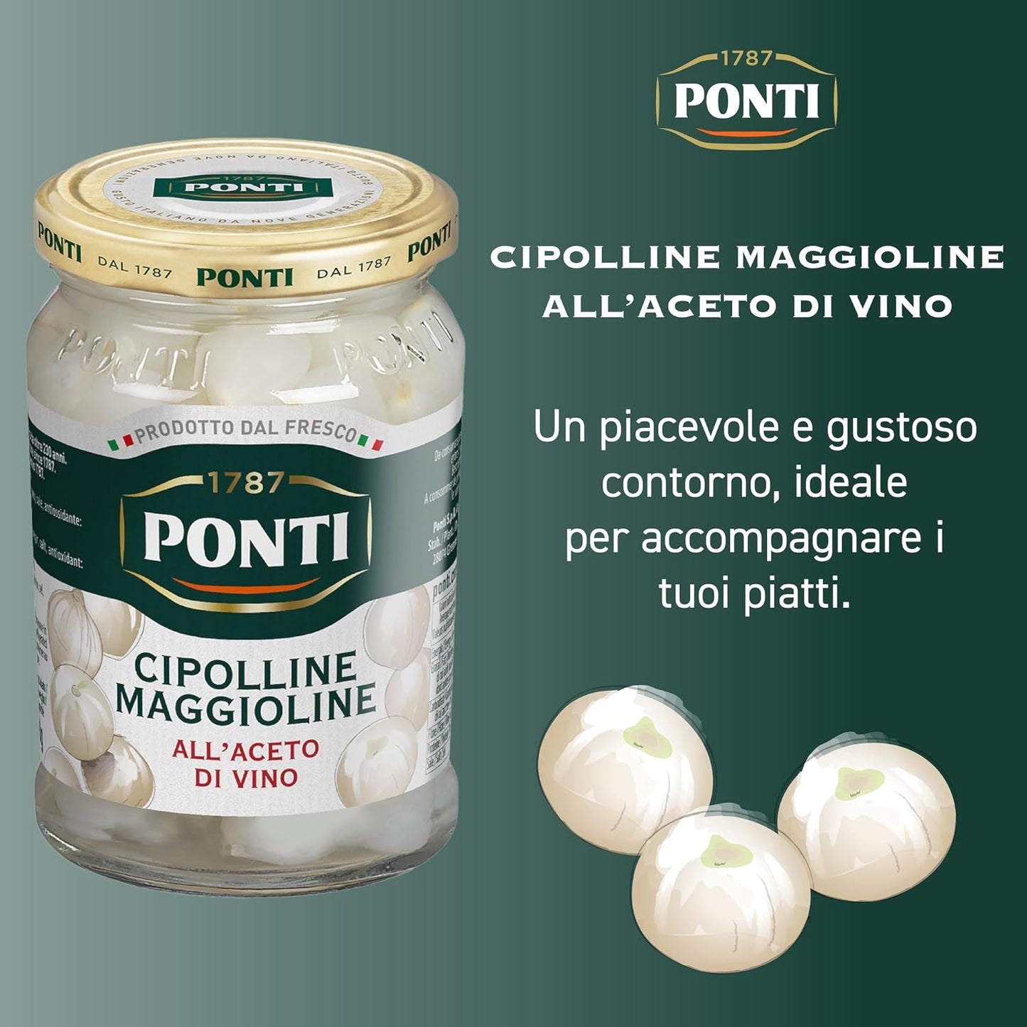 Ponti, Cipolline Maggioline all'Aceto di Vino, Ideali per Contorni e Aperitivi, Ottimi da Aggiungere ad Insalate, 100% Made in Italy, 300 gr