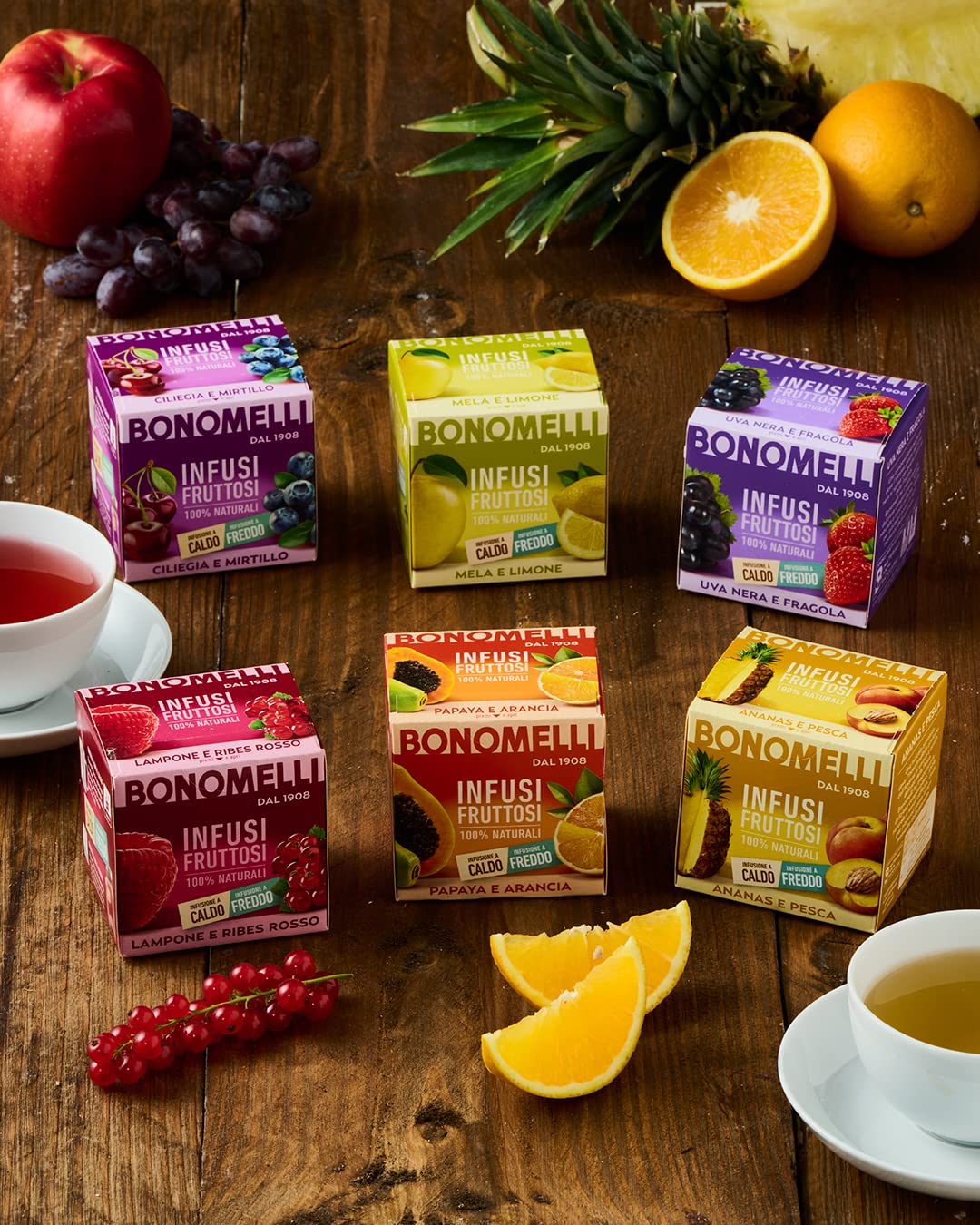 Bonomelli Infusi Fruttosi, Lampone e Ribes Rosso, Confezione da 12 filtri, Gusto Rinfrescante e Lievemente Acidulo, Infusione a Caldo e a Freddo, Ingredienti 100% Naturali