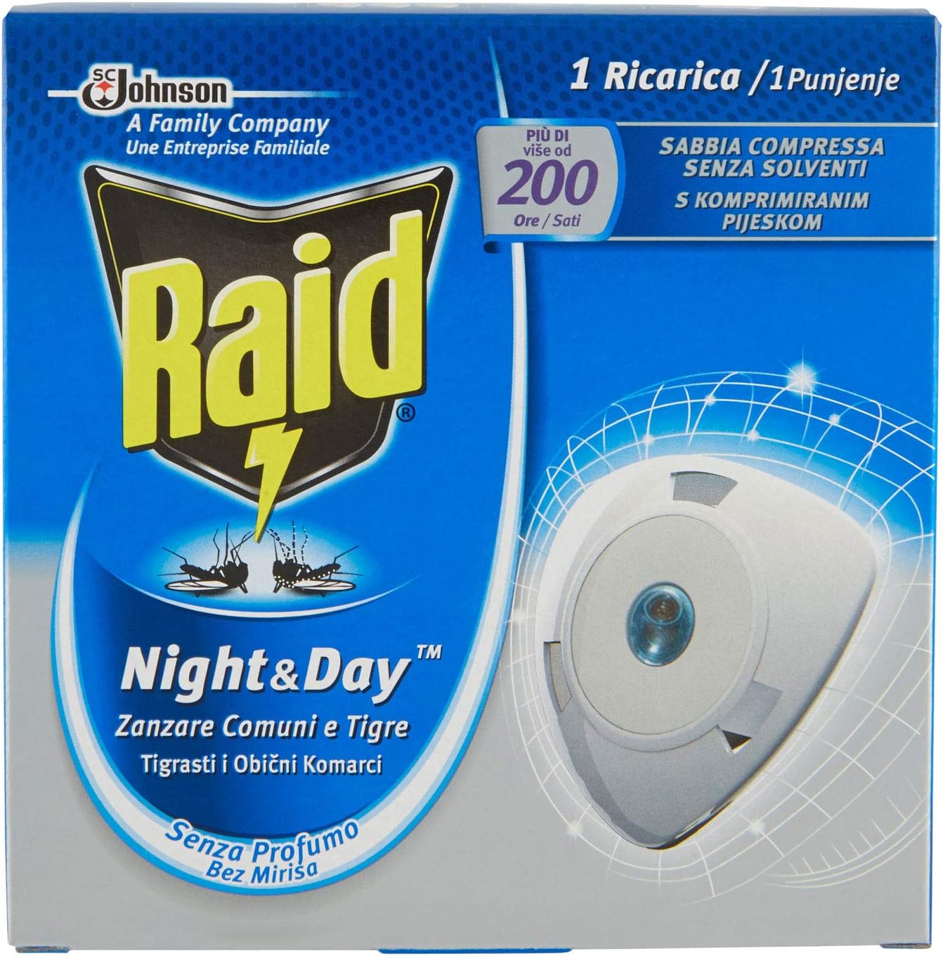 Raid Night & Day Ricarica, Antizanzare e Antimosche, Inodore a Sabbia Compressa, 1 Confezione da 1 Ricarica