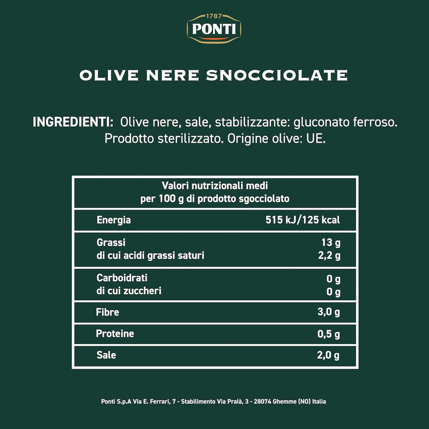 Ponti, Olive Nere Snocciolate, Ideali da Aggiungere ad Insalate e Pizze, Ottimi anche come Antipasto, dal Sapore Ricco e dalla Consistenza Succosa, 100% Made in Italy, 400 g