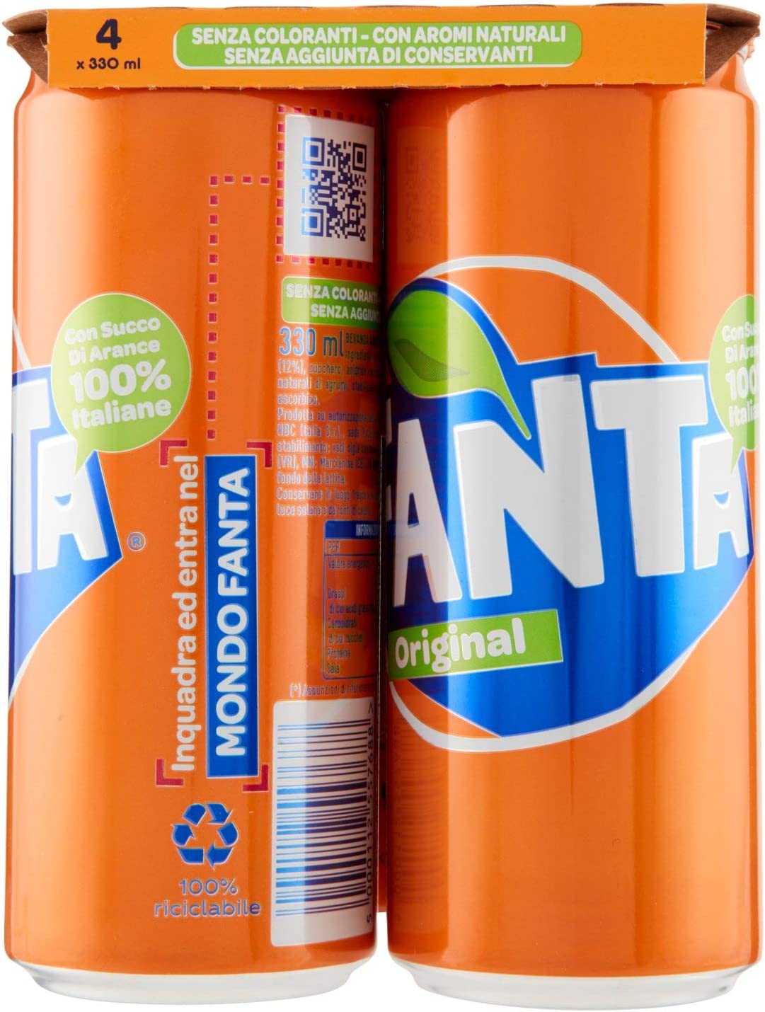 Fanta Original Gusto di Arancia – 4 Lattine da 330 ml, con Succo di Arance Italiane, Senza Aggiunta di Conservanti, Lattina 100% riciclabile, Gusto Rinfrescante, Bevanda Analcolica Frizzante