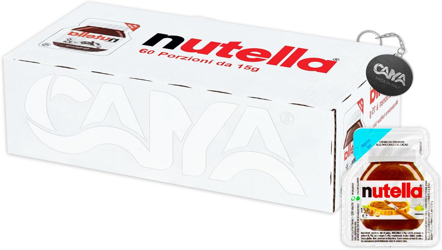 Ferrero Nutella Mini Vaschetta da 15gr - Confezione da 60 Pezzi per ogni evenienza (Viaggi, Feste, Eventi) con Portachiavi CAIYA®