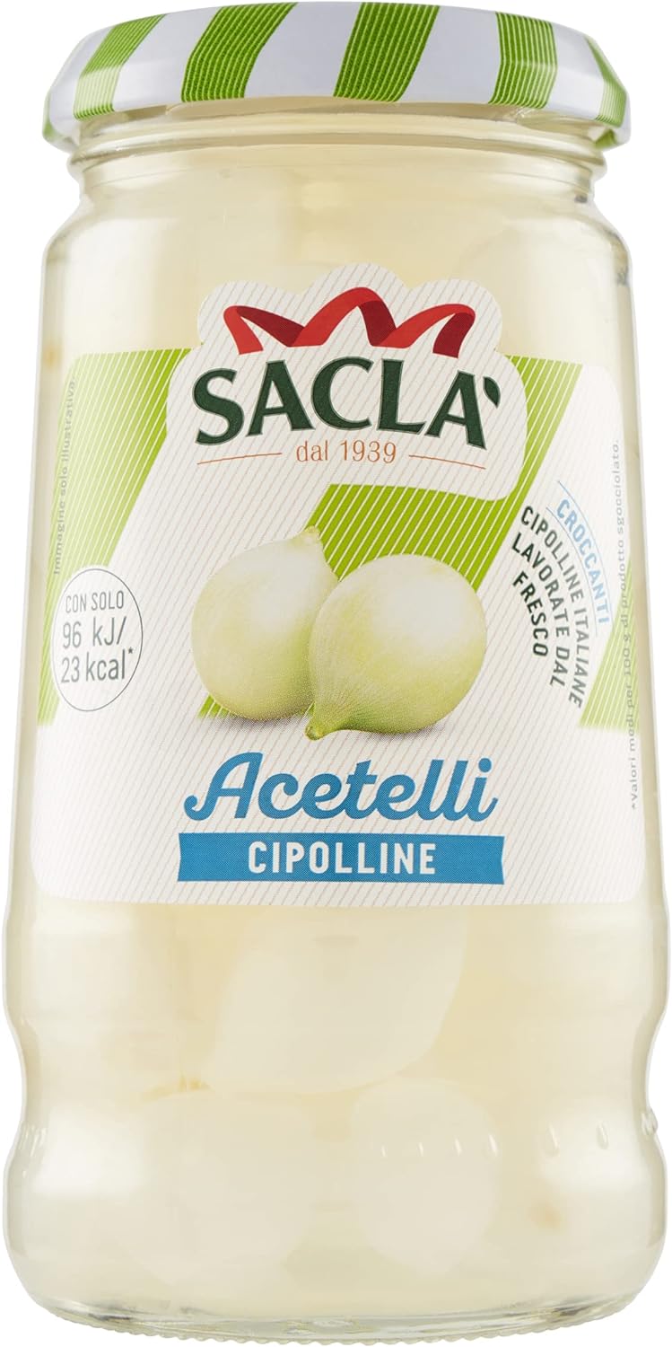 Saclà, Acetelli, Cipolline All'Aceto di Vino, Ideali per Aperitivo, Antipasti e Insalate, Vaso Vetro, 300g (180g sgocciolato), Confezione da 12 pezzi