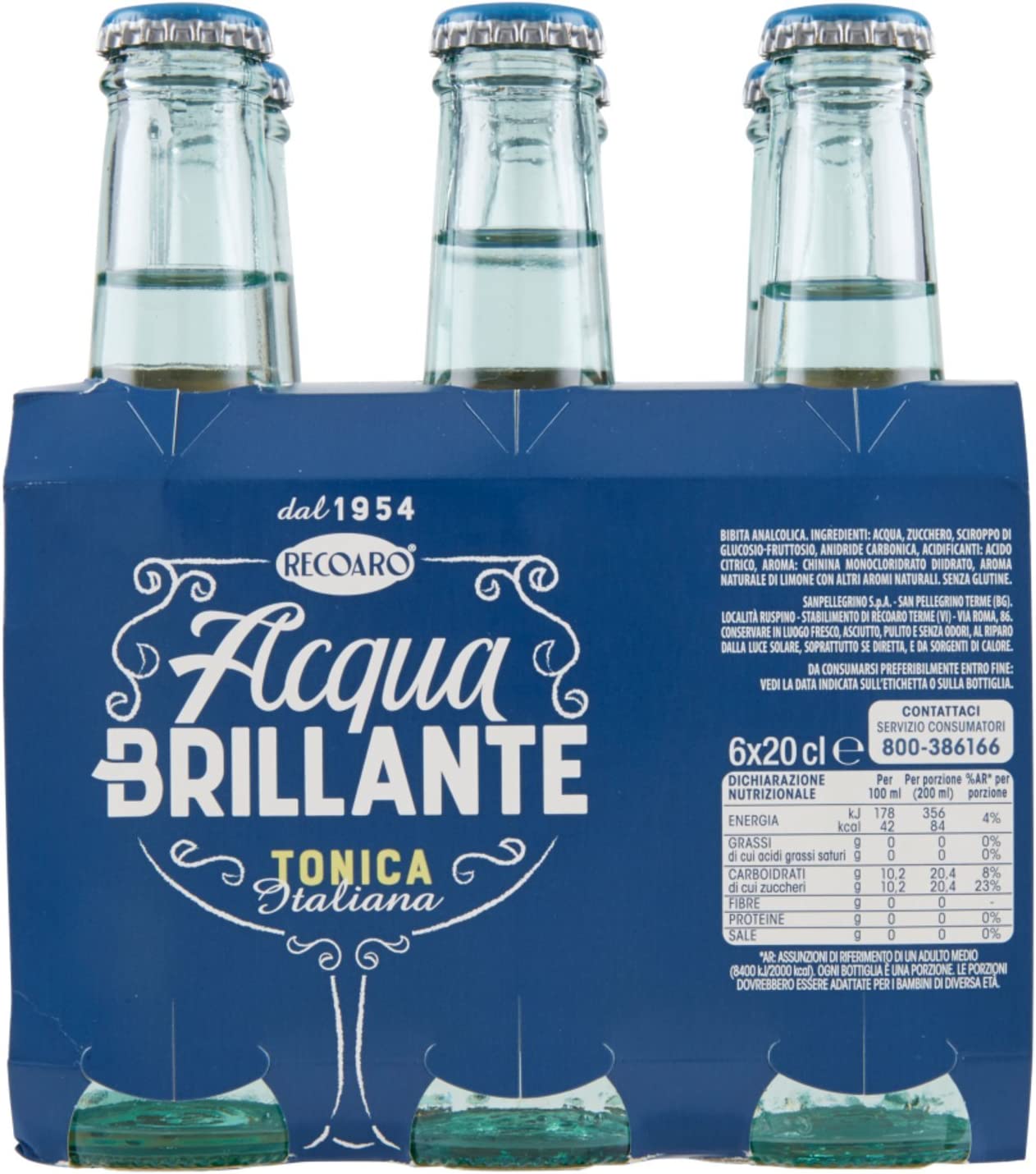 Acqua Tonica Brillante Recoaro | Tonica Italiana | 24 x 200 ml