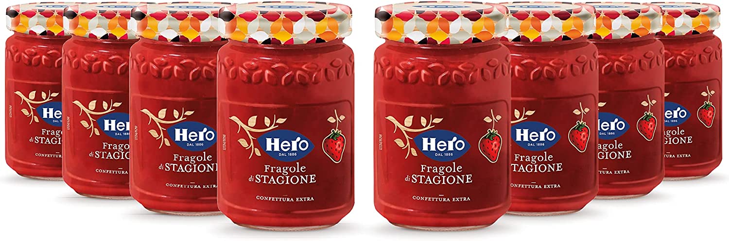 Hero Confettura Fragole di Stagione, 8 vasetti da 350 gr, marmellata e confettura extra con frutta raccolta nell'ultima stagione, frutta di alta qualità, metodo tradizionale