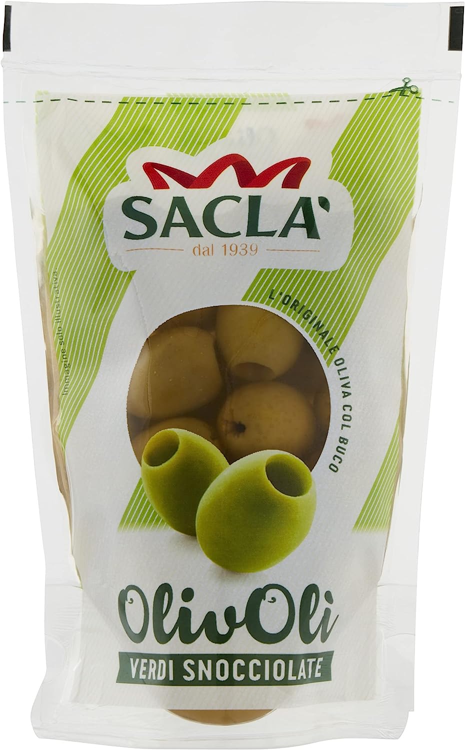 Saclà, OlivOlì, Olive Verdi Denocciolate, Ideali per Aperitivo, Insalate e per Arricchire i Tuoi Piatti, Busta, 185g (85g sgocciolato)