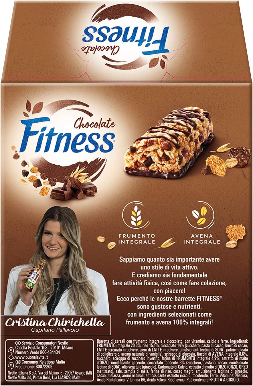 FITNESS Barretta di Cereali integrali con Cioccolato Fondente, 16 Confezioni da 6 Pezzi