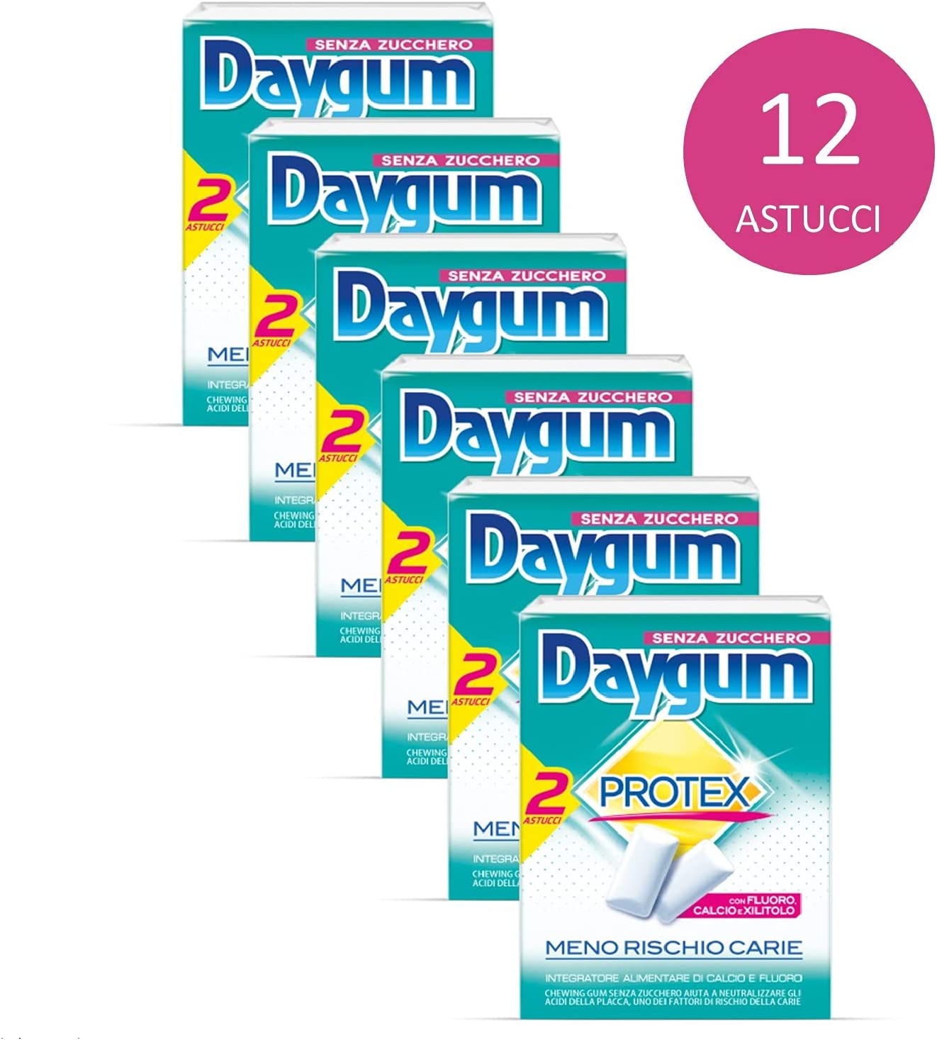 Daygum Protex Gomme da Masticare Senza Zucchero, Chewing Gum Gusto Menta, Formato Scorta da 12 Astucci (6 Confezioni da 2)