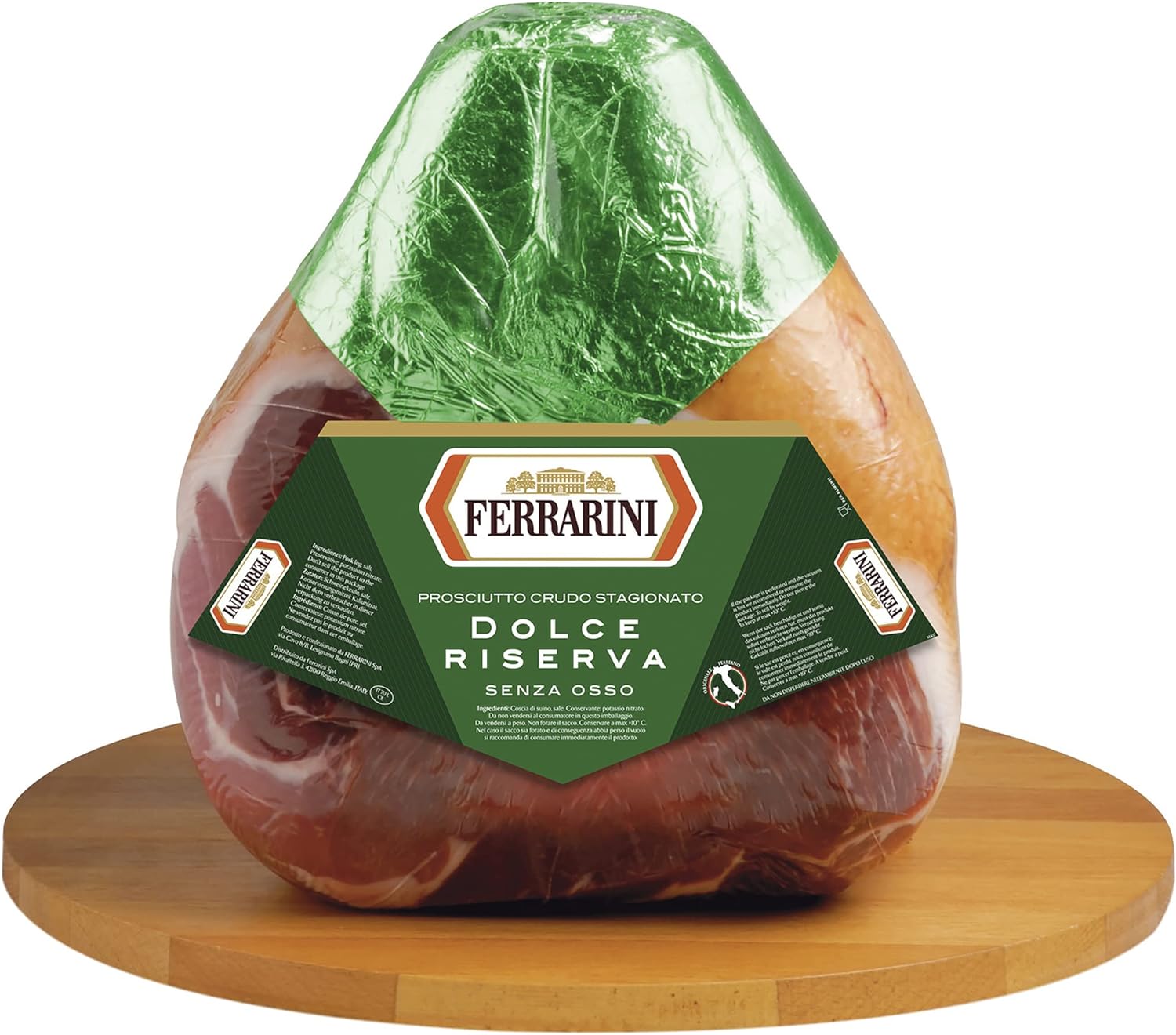 Ferrarini Prosciutto Crudo Stagionato Dolce Riserva Senza Osso, Crudo Stagionatura Min. 10 Mesi Pulito a Coltello, Forma Piatta, Peso Variabile, Per Gastronomie/Ristorazione, Pezzatura Tra 5,5 e 6,2Kg
