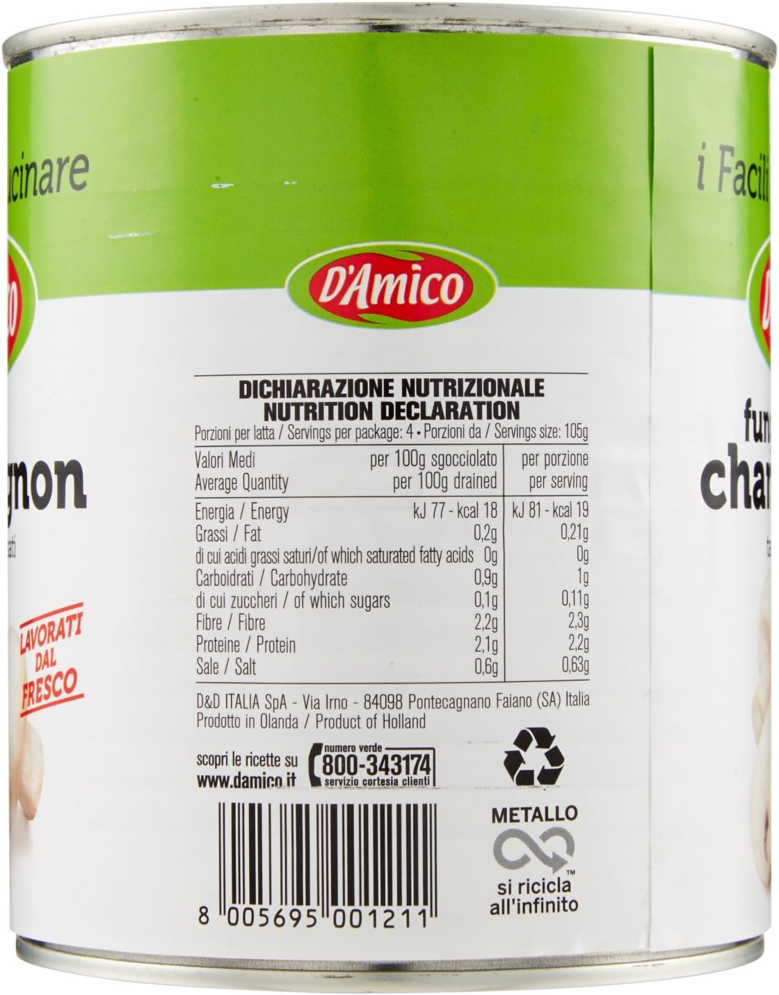 D'Amico - Funghi Champignon, Tagliati e Lessati al Naturale - 4 pezzi da 800 g [3200 g]