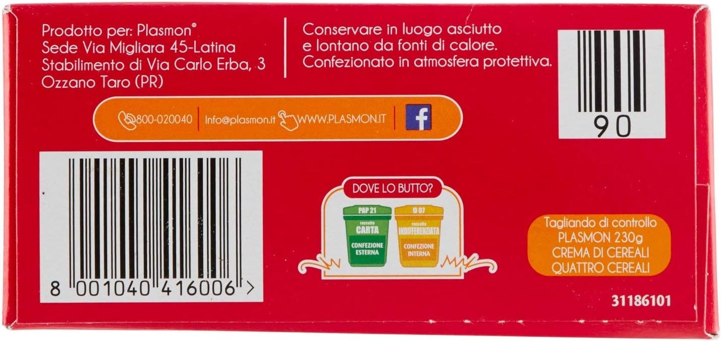 Plasmon Crema di Cereali Quattro Cereali 230g Con Ingredienti selezionati, La base ideale per la pappa