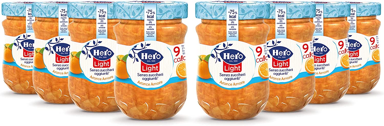 Hero Light Marmellata di Arance Amare light, 8 vasetti da 280 gr, marmellata e confettura extra, frutta di alta qualità, senza conservanti e senza coloranti, pochissime calorie per porzione