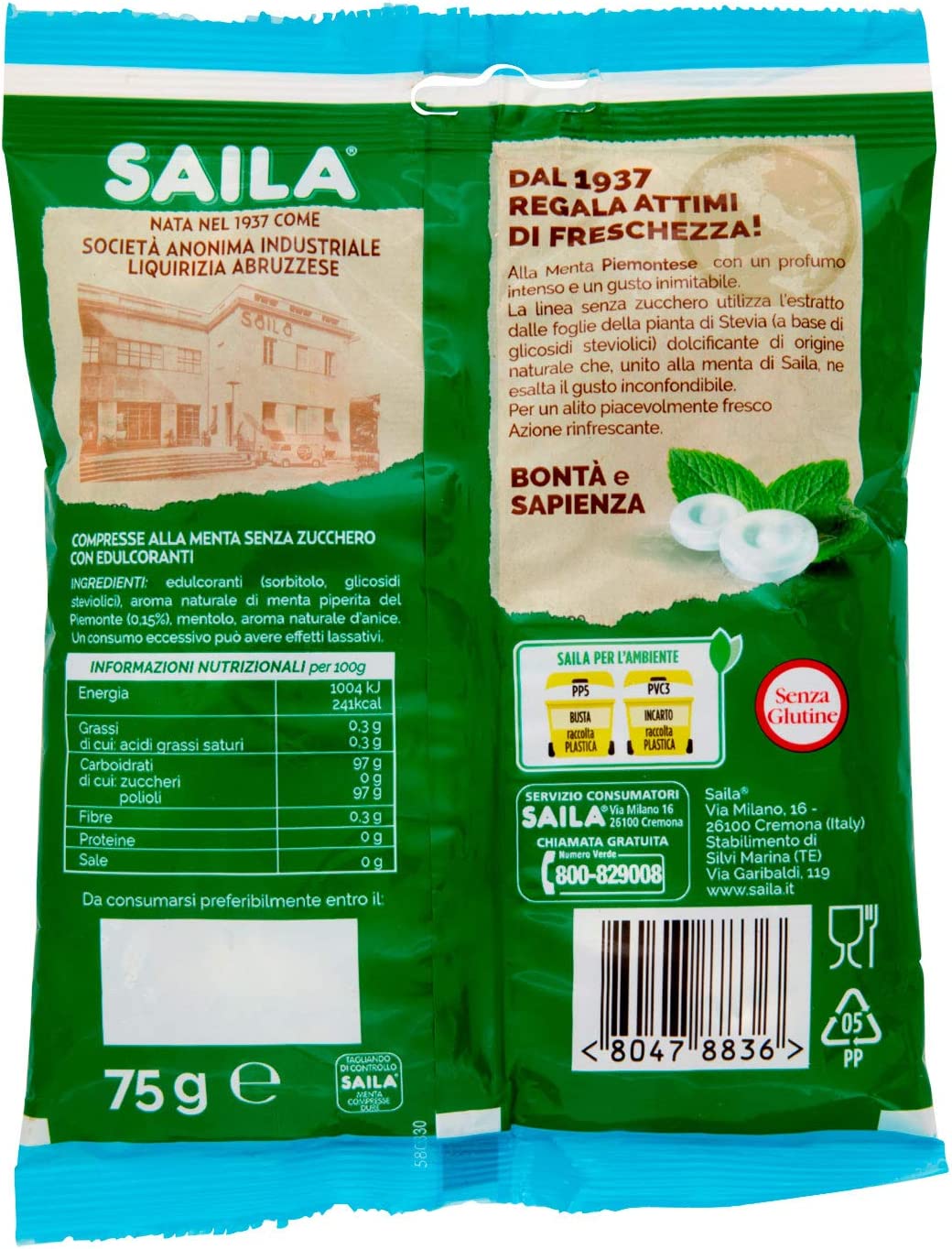 Saila - Compresse alla Menta, Senza Zucchero, con Estratto di Stevia - 75 gr