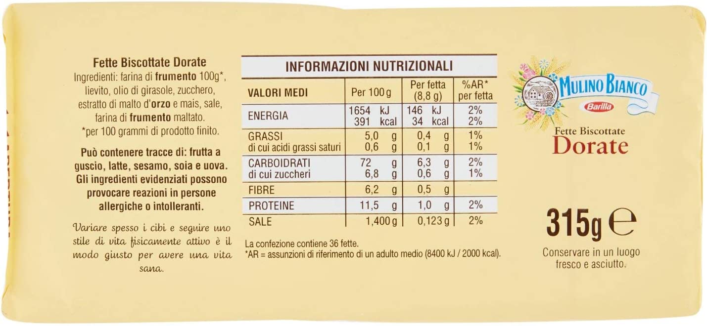 Mulino Bianco - Fette biscottate "Le dorate", 36 fette - 8 pezzi da 315 g [2520 g]