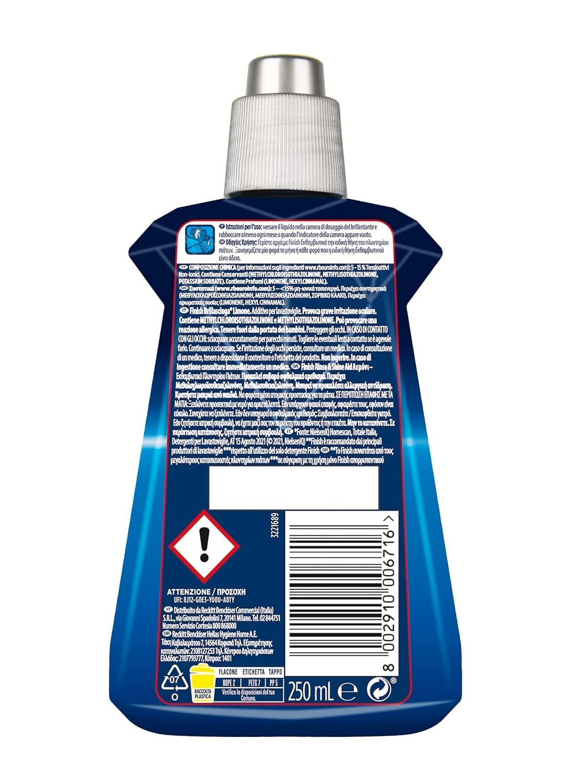 Finish Brillantante Lavastoviglie al Limone, 1 Prodotto da 250 ml di Brillantante, Additivo Lavastoviglie per Stoviglie Splendenti e Asciutte