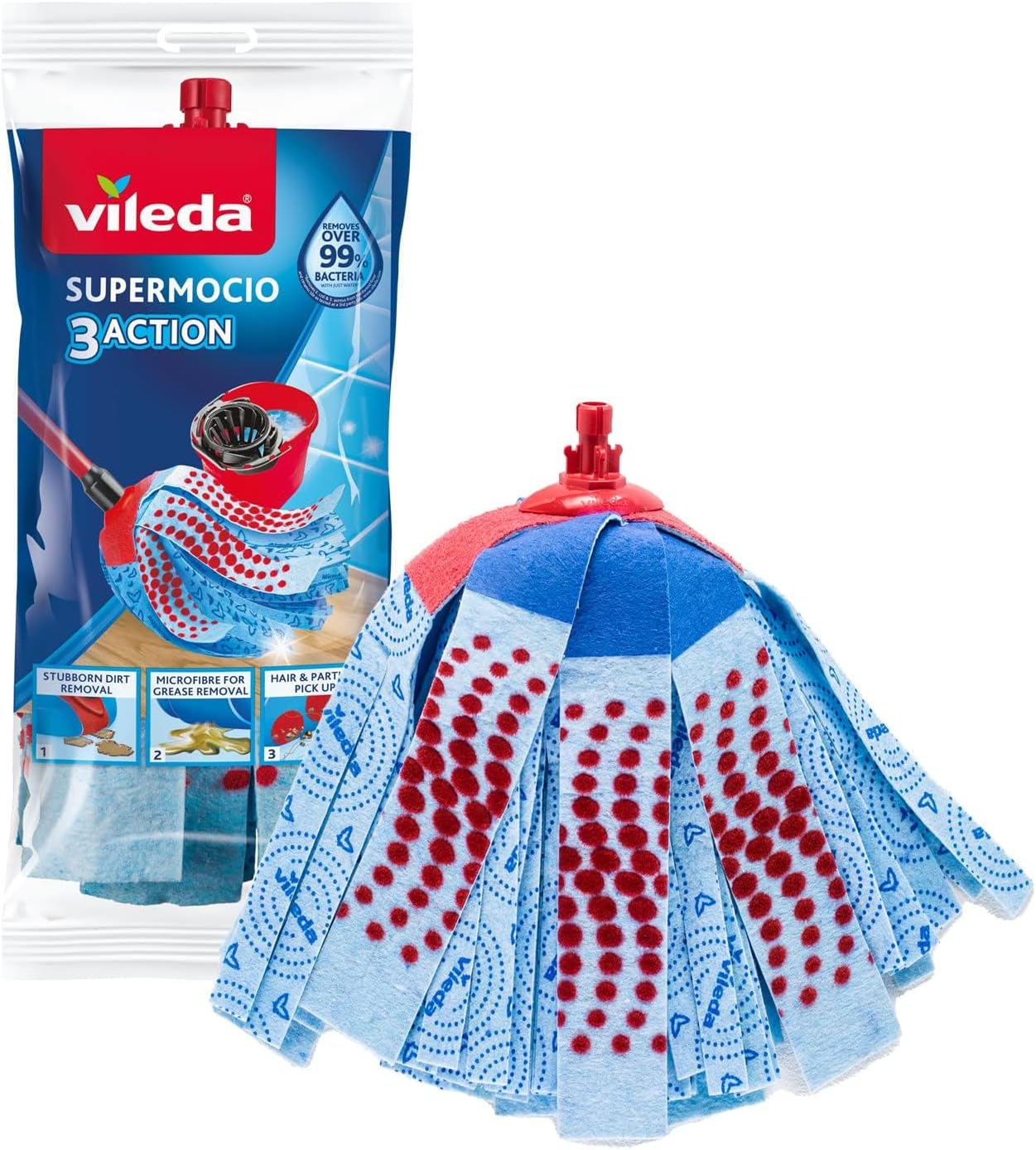 Vileda SuperMocio 3Action ricambio, confezione da 1, adatto per il Sistema lavapavimenti Vileda SuperMocio , per tutti i tipi di pavimento, rimuove oltre il 99% dei batteri solo con acqua