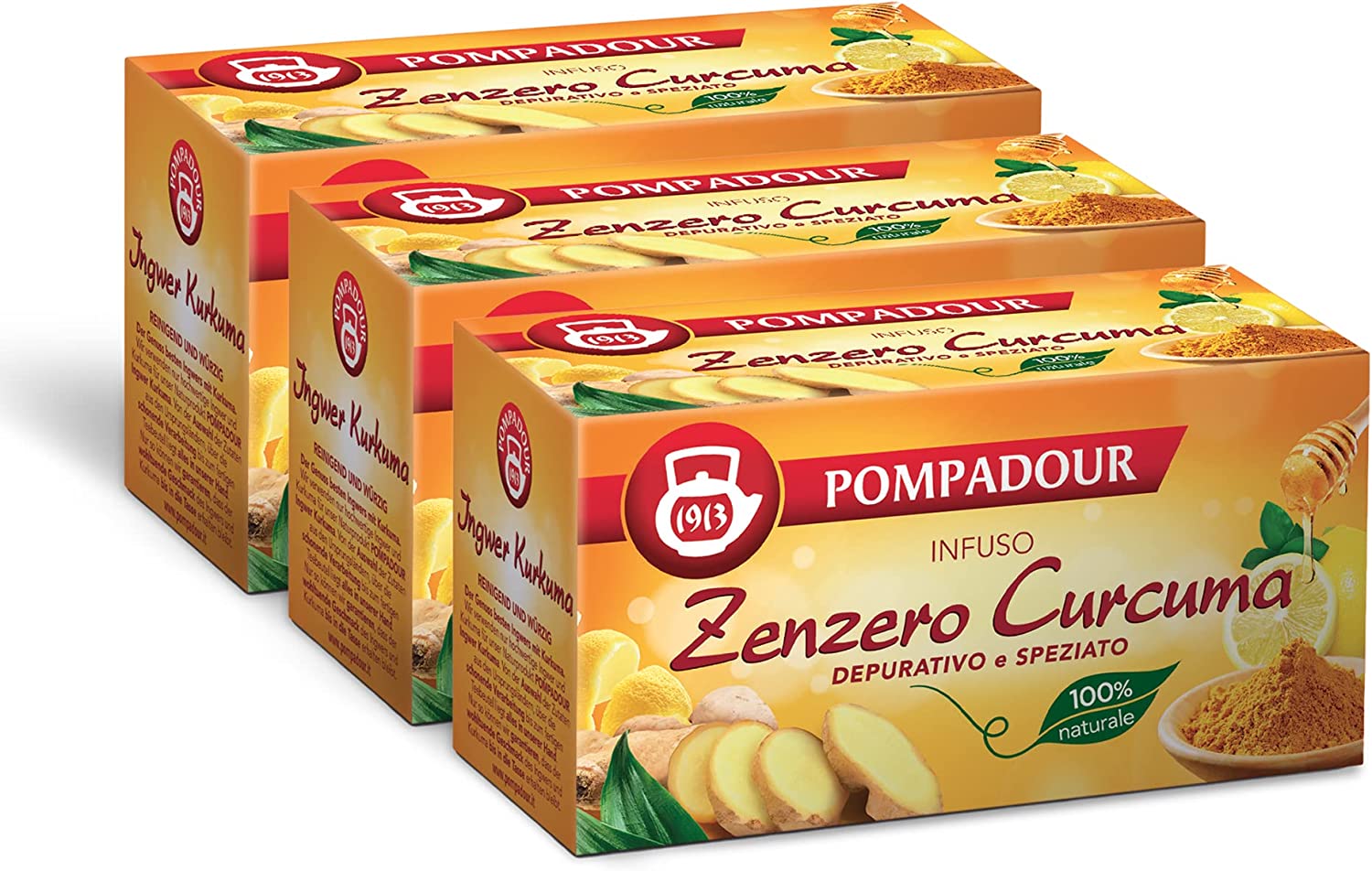 Pompadour, Infuso Zenzero e Curcuma, 60 Filtri (3 Confezioni da 20 Filtri), Depurativo e Speziato, 100% Naturale, Senza Lattosio, Glutine e Allergeni