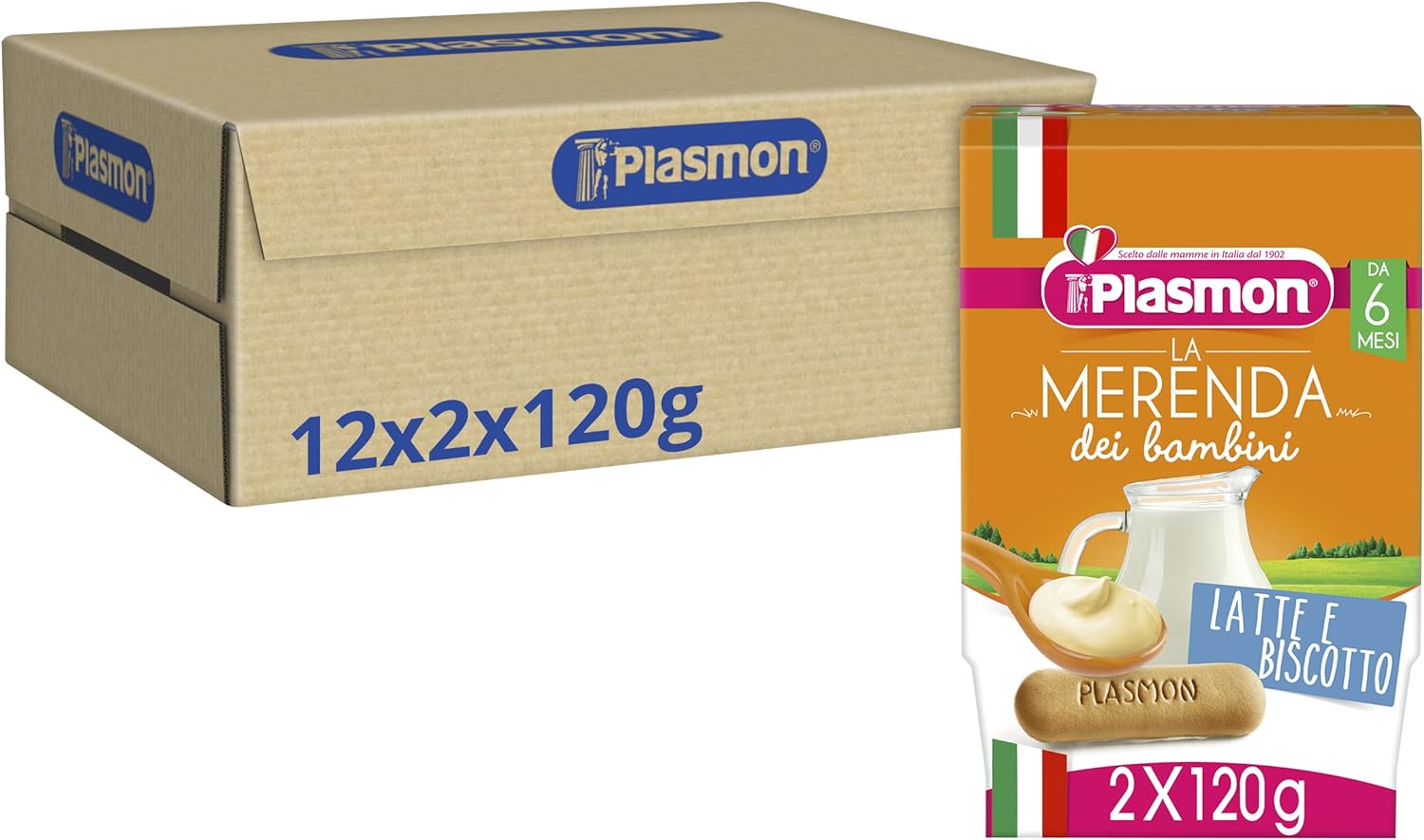 Plasmon Omogeneizzato La Merenda dei Bambini Latte e Biscotto con materie prime selezionate, Ricetta golosa preparata con cura, 12 Vaschette x 240gr