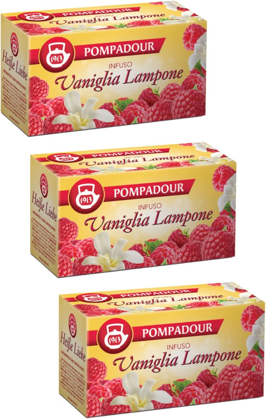 Pompadour 1913 | Tisana Frutta Aromatizzata alla Vaniglia e Lampone per Infuso Senza Caffeina - 3 x 20 Bustine di Tè (180 Gr) | Vaniglia e Lampone Infuso