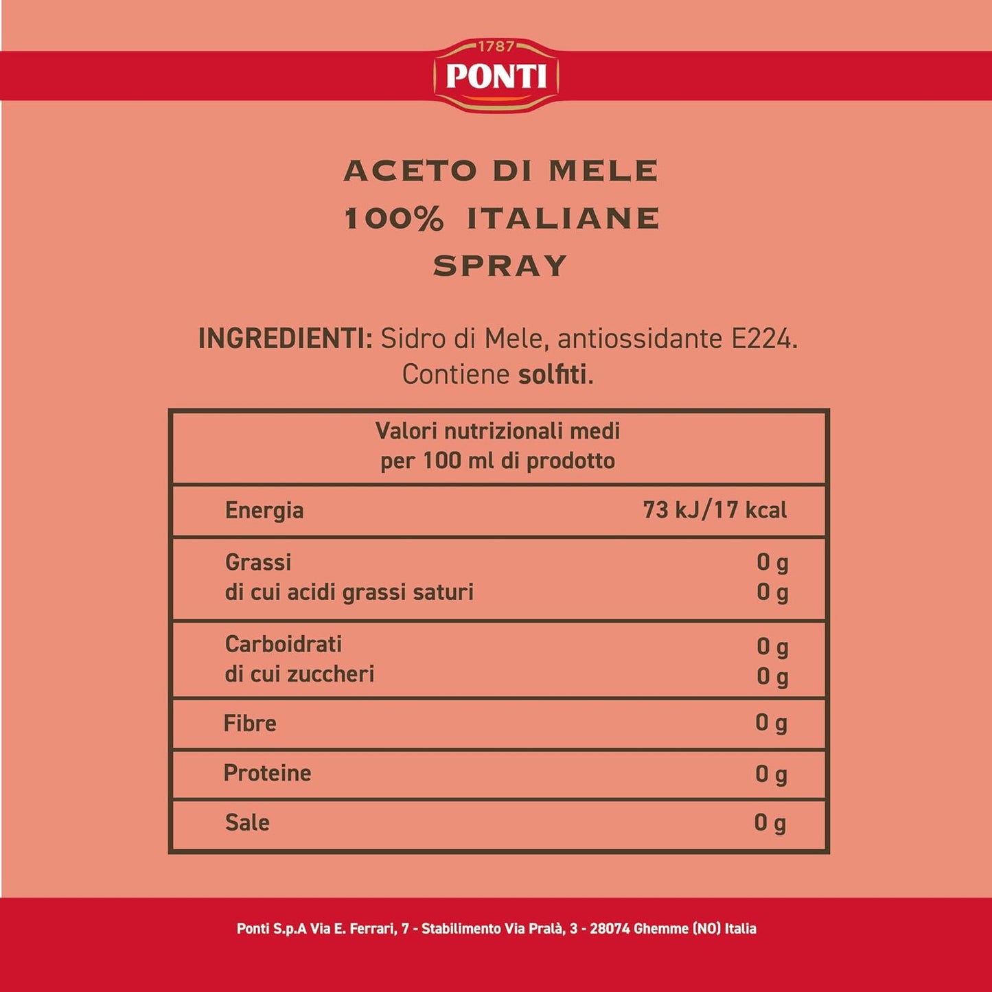 Ponti, Aceto di Mele 100% Italiane, Aceto di Mele dal Gusto Gentile e Armonico, Acidità 5%, Ideale per Insaporire le tue Insalate e Carni, 100% Made in Italy, Spray da 250 ml