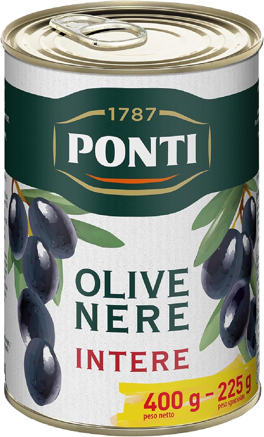 Ponti, Olive Nere Intere, Ideali da Aggiungere ad Insalate e Pizze, Ottimi anche come Antipasto, dal Sapore Ricco e dalla Consistenza Succosa, 100% Made in Italy, 400 g