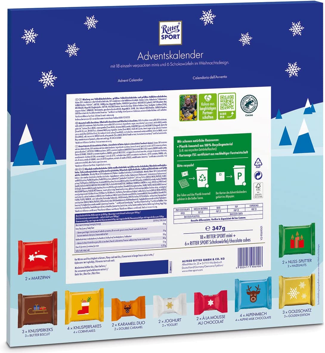 RITTER SPORT Calendario dell'Avvento, Regalo di Natale Con Cioccolatini Assortiti, 24 Cioccolatini Misti, Cioccolato Al Latte e Fondente, Cioccolatini Con Ripieni Assortiti, 347g