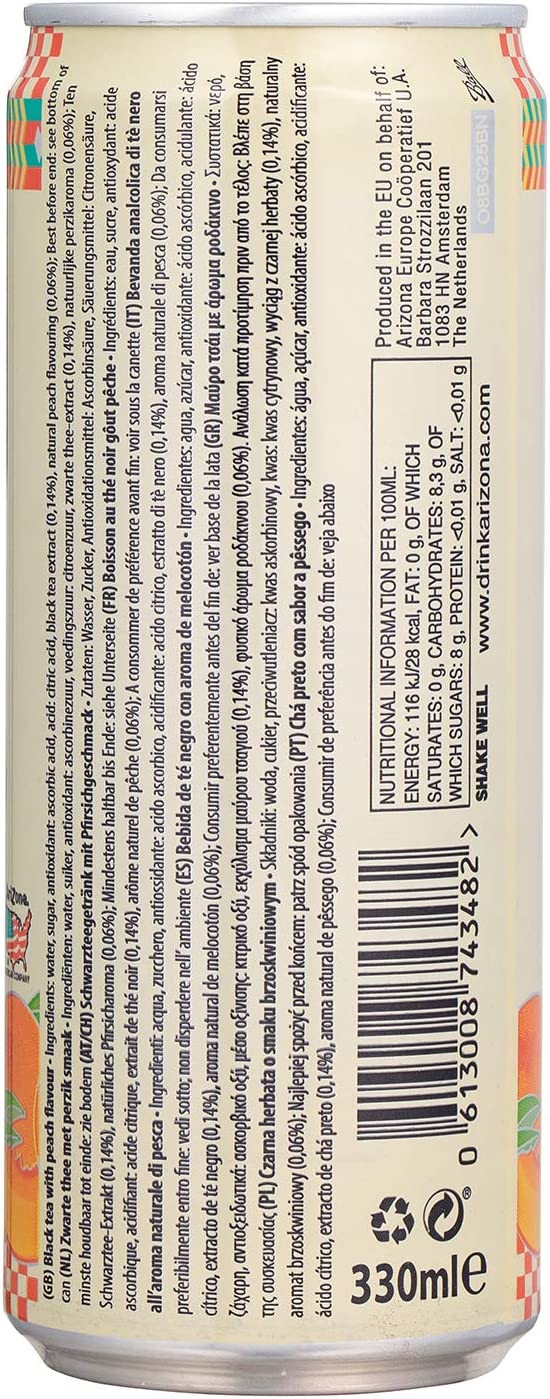 Arizona, Green Tea Honey & Peach Juice, Deliziosa Bevanda al Tè Verde con l'Aggiunta di Miele e Succo alla Pesca, Gusto Dolce e Delicato, Ideale da Gustare in Ogni Momento, 12 x Lattina da 330 mL