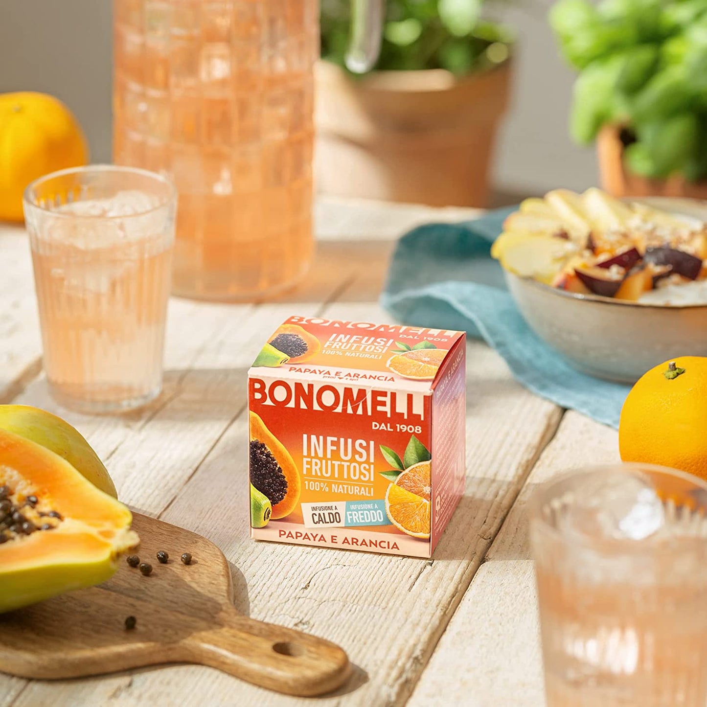 Bonomelli Infusi Fruttosi, Papaya e Arancia, Confezione da 12 Filtri, Gusto Esotico e Fresco, Infusione a Caldo e a Freddo, Ingredienti 100% Naturali