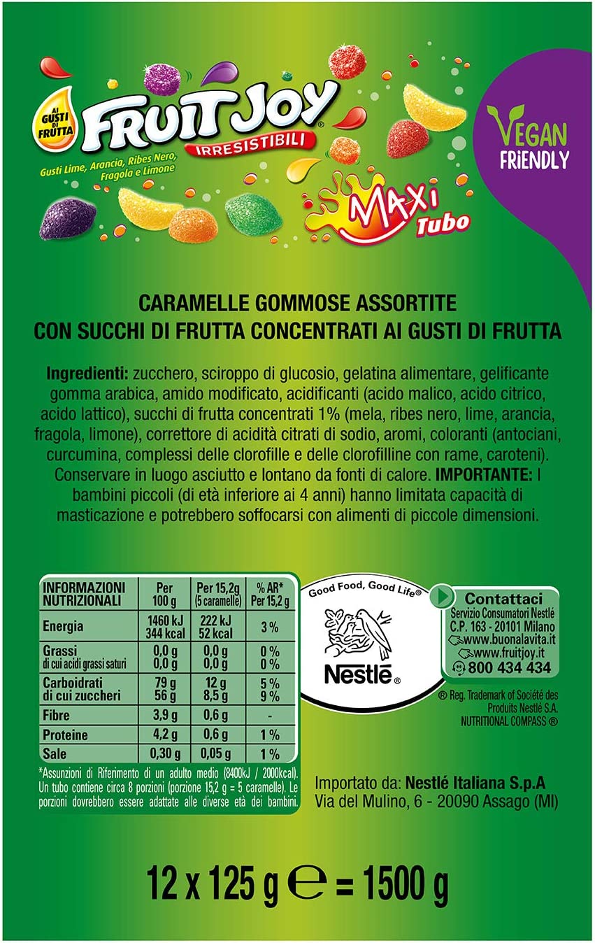 NESTLÉ FRUIT JOY ORIGINAL Caramelle Gommose Vegan Friendly ai Gusti Frutta, 12 Maxi Tubi