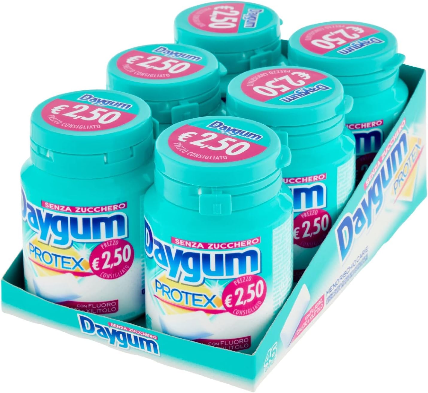 Daygum Protex Chewing Gum Senza Zucchero, Gusto Menta, Confezione da 6 Mini Barattoli, 46 Gomme da Masticare Ciascuno