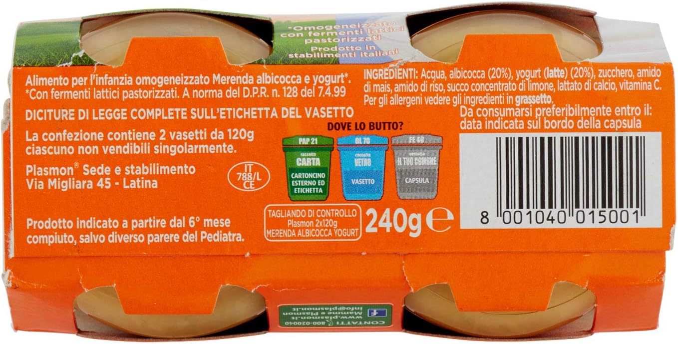 Plasmon Omogeneizzato Yogurt Albicocca 2x120g