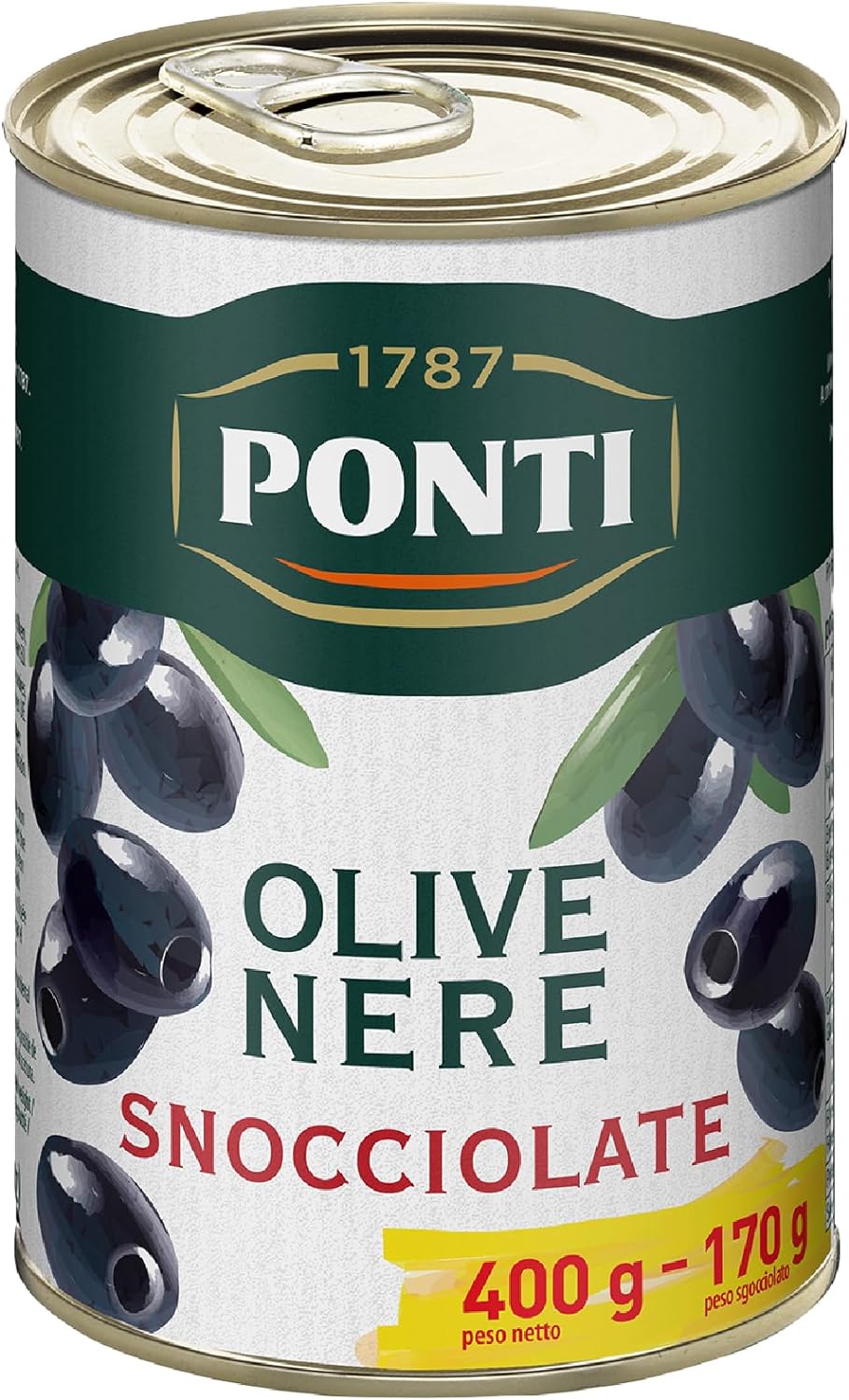 Ponti, Olive Nere Snocciolate, Ideali da Aggiungere ad Insalate e Pizze, Ottimi anche come Antipasto, dal Sapore Ricco e dalla Consistenza Succosa, 100% Made in Italy, 400 g