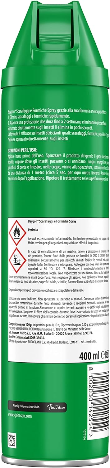 Baygon Scarafaggi e Formiche Spray Insetticida, Azione Rapida, Protezione a Lunga Durata, 1 Confezione da 400 ml