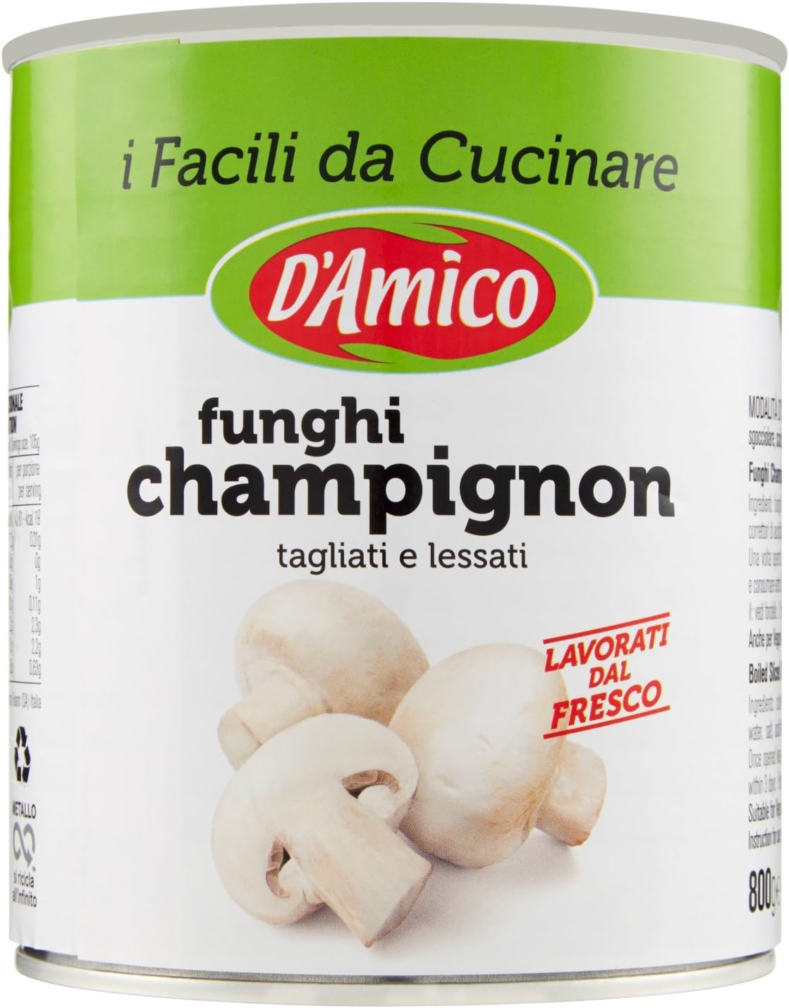 D'Amico - Funghi Champignon, Tagliati e Lessati al Naturale - 4 pezzi da 800 g [3200 g]